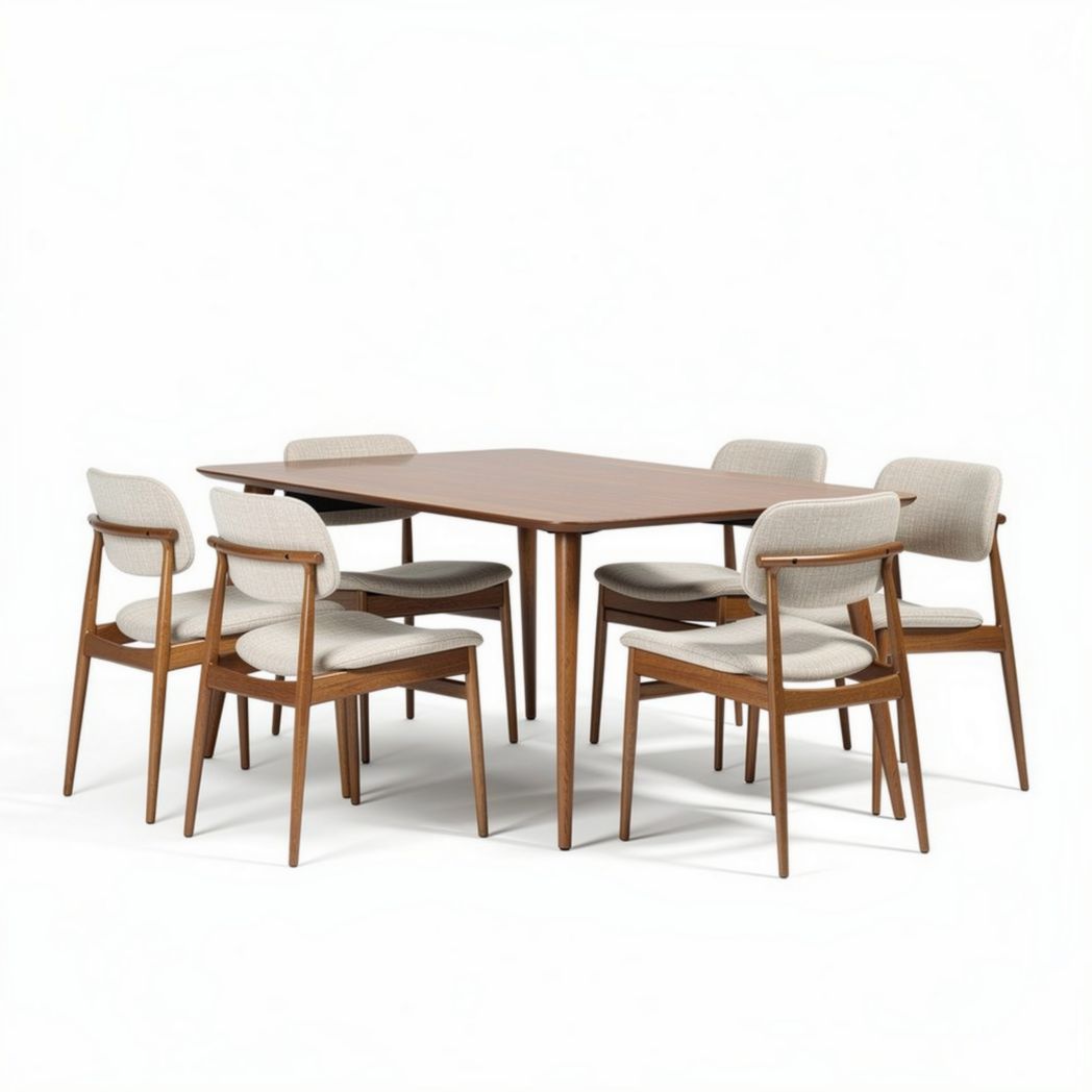 Eettafel van hout met zes stoffen stoelen 150 x 80 x 75cm bruin
