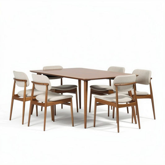 Eettafel van hout met zes stoffen stoelen 150 x 80 x 75cm bruin