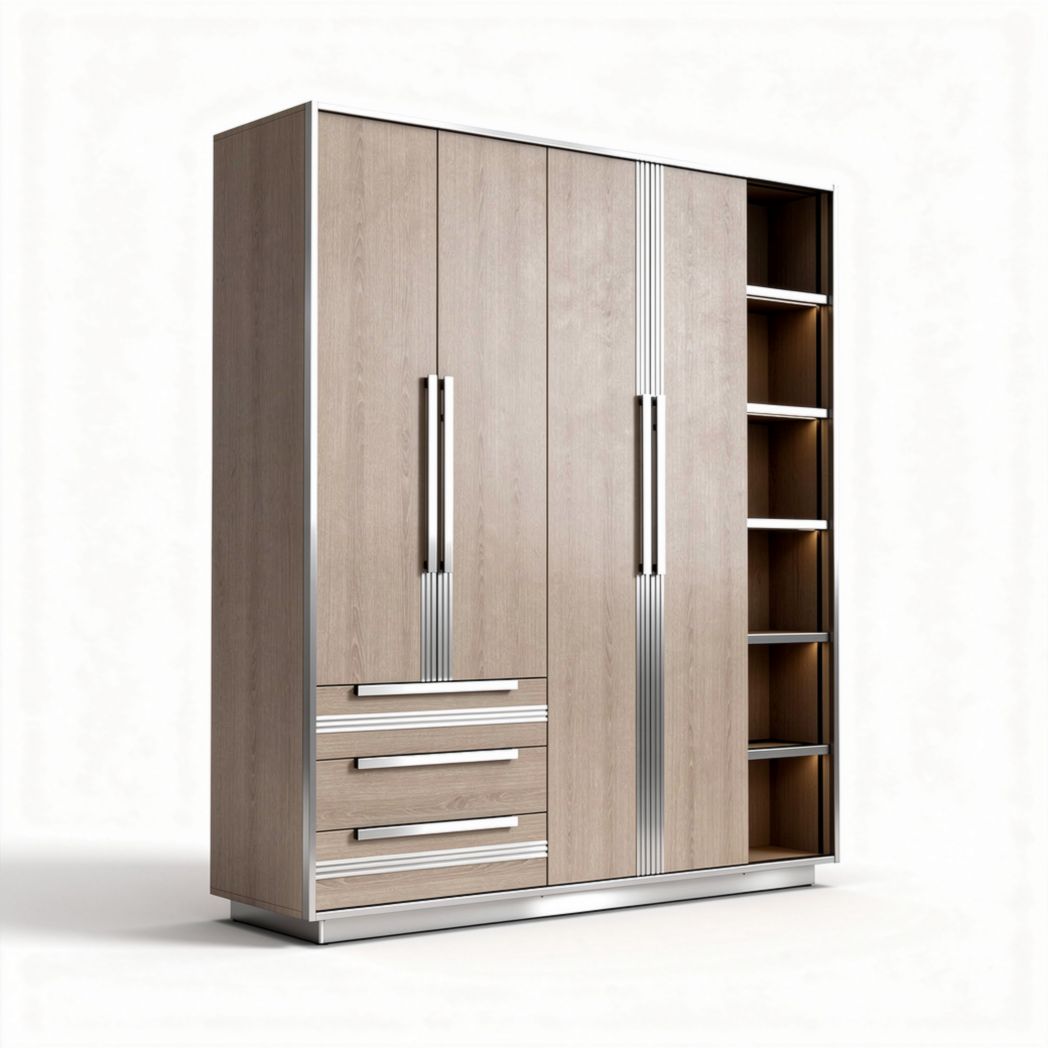 Kast van massief hout met metalen handgrepen en open planken 180 x 80 x 210cm