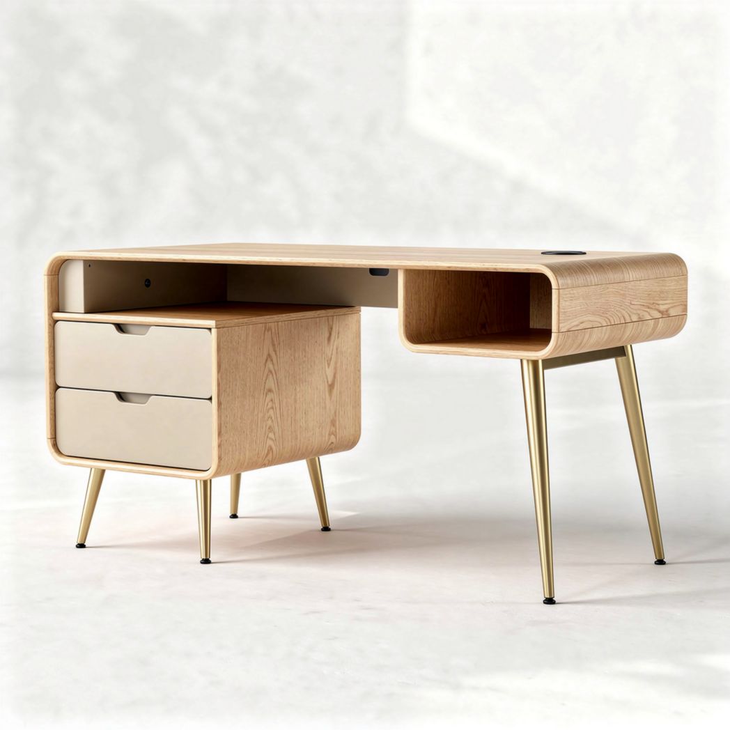 Bureau van hout met lades en open opslag 120 x 60 x 75cm goudkleurige poten