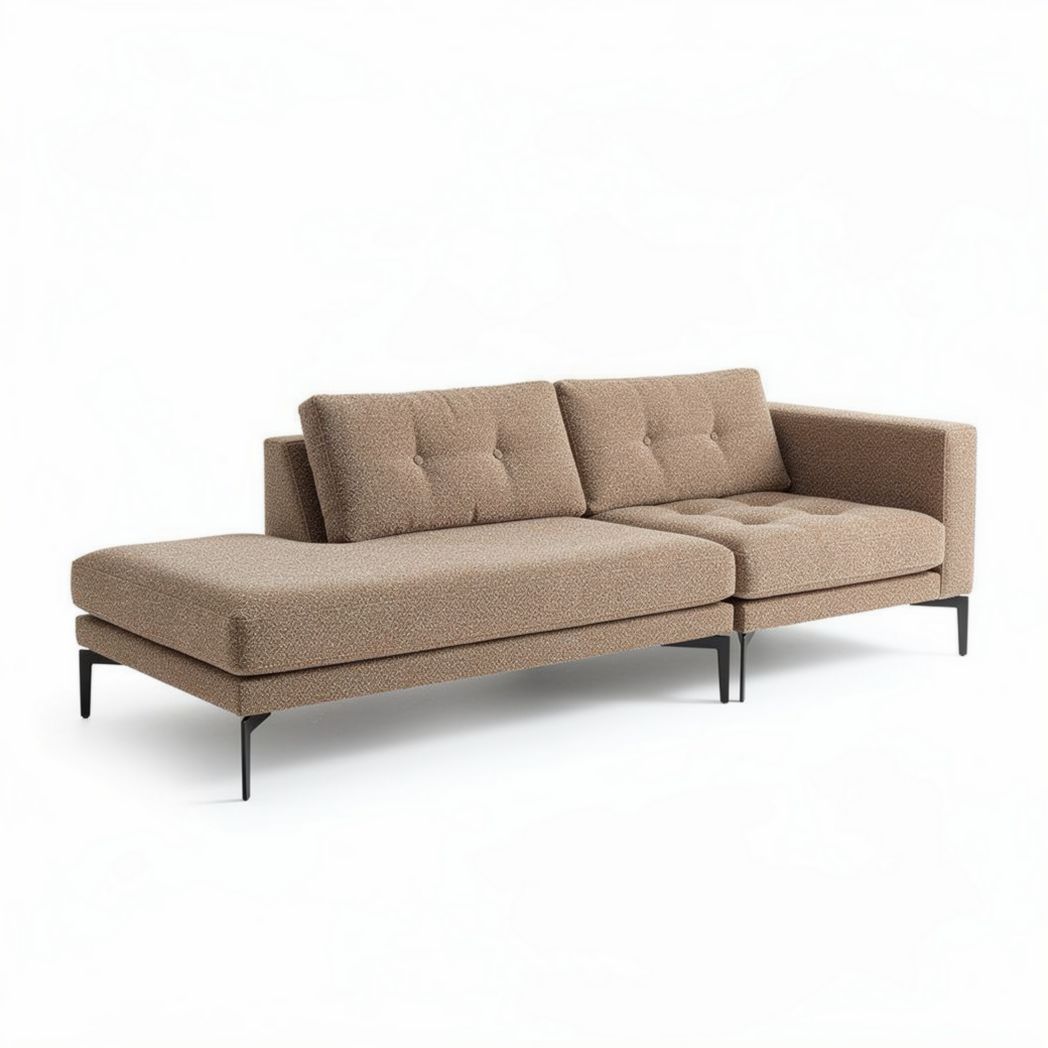 Hoekbank van stof in bruin met metalen poten 220 x 85 x 85cm