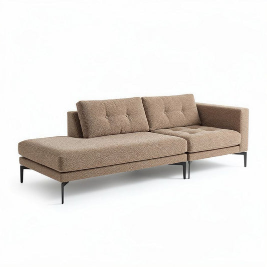 Hoekbank van stof in bruin met metalen poten 220 x 85 x 85cm