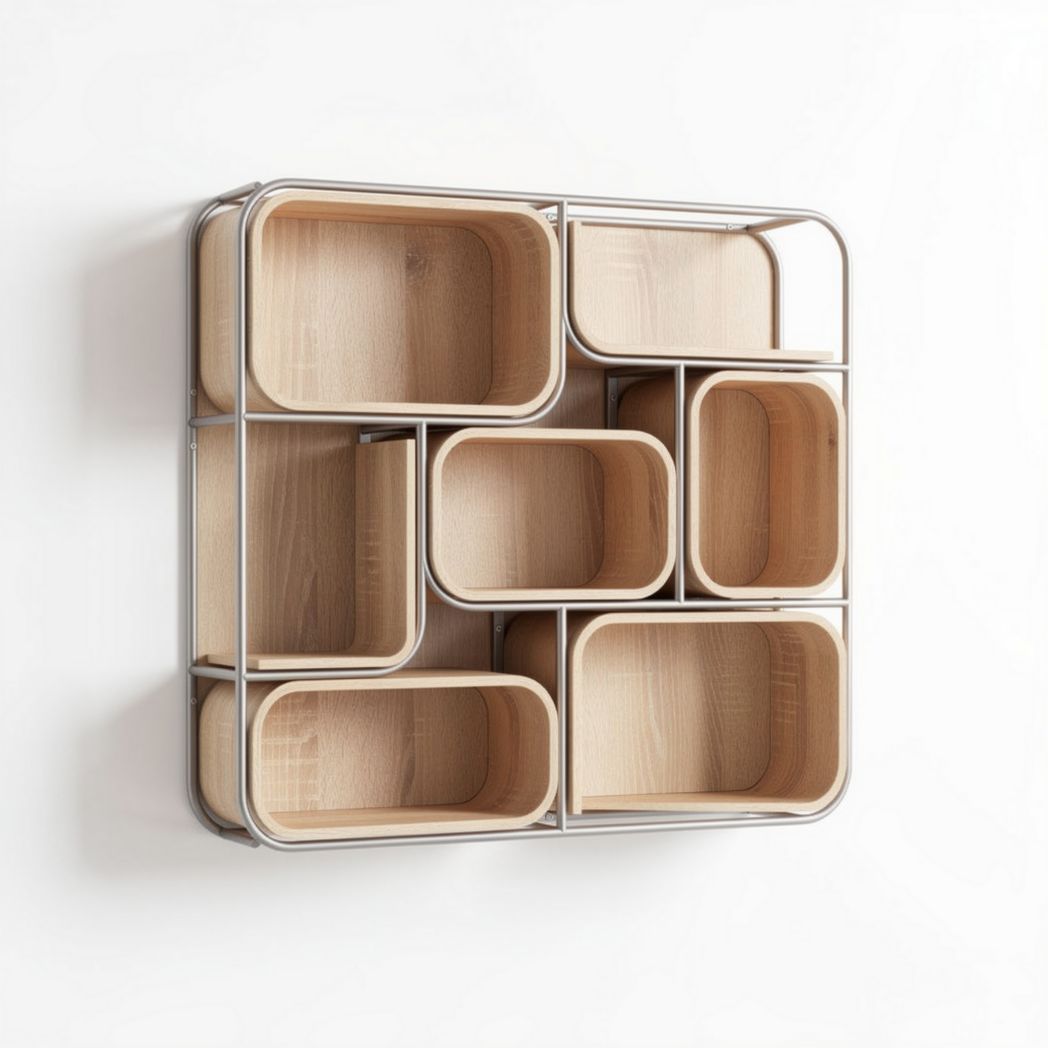 Wandrek van hout met metalen omlijsting voor opslag en decoratie 60 x 60 x 15cm
