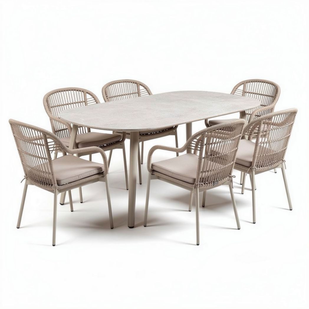 Tuinset met ovalen tafel en zes stoelen van wicker en aluminium 200 x 100 x 75cm beige