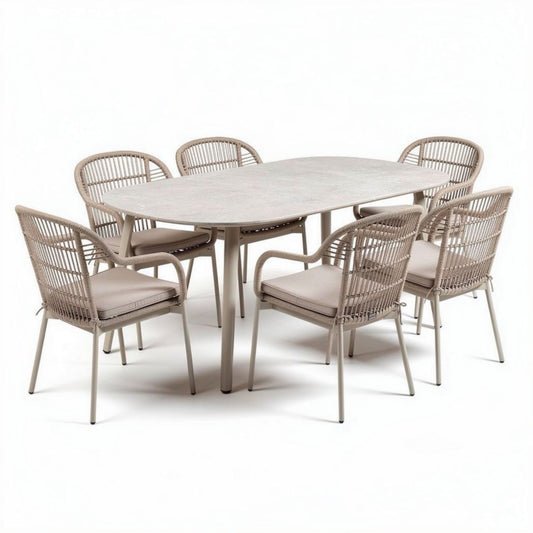 Tuinset met ovalen tafel en zes stoelen van wicker en aluminium 200 x 100 x 75cm beige