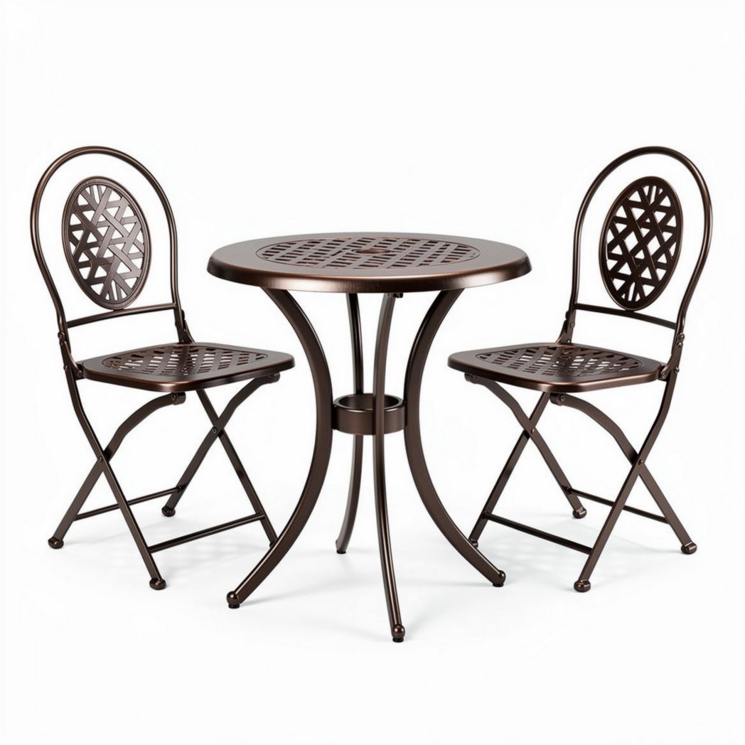 Eetset van metaal met ronde tafel en twee opvouwbare stoelen bruin 80 x 80 x 75cm
