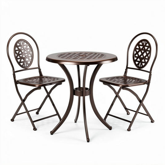Eetset van metaal met ronde tafel en twee opvouwbare stoelen bruin 80 x 80 x 75cm