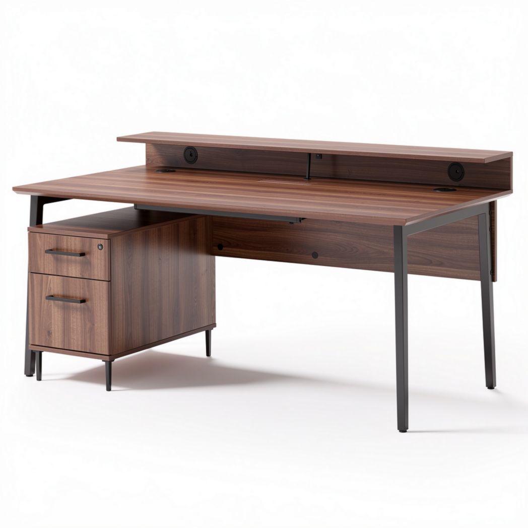L-vormig bureau met laden van hout en metaal 150 x 70 x 75cm bruin