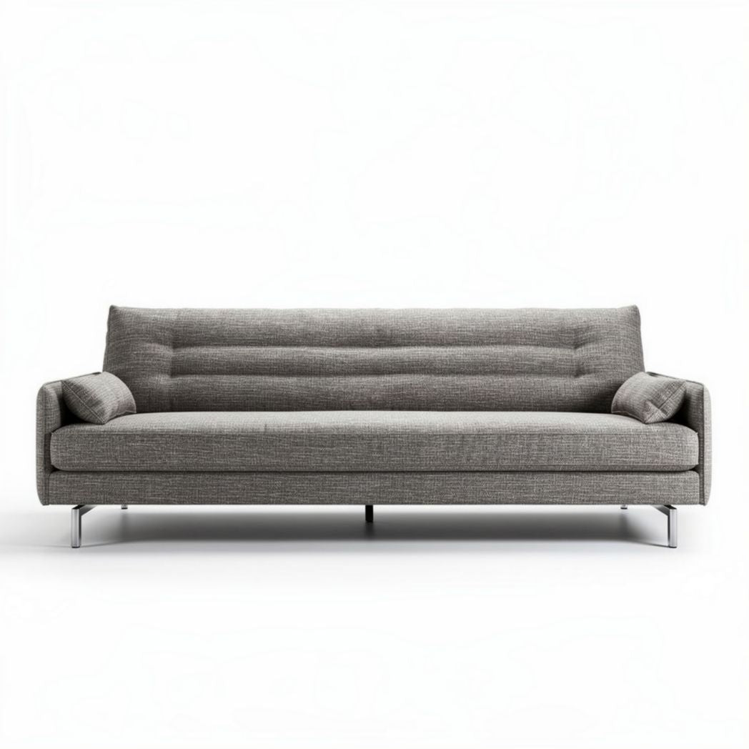 Lichtgrijze stoffen bank met chroomkleurige poten 200 x 90 x 80cm