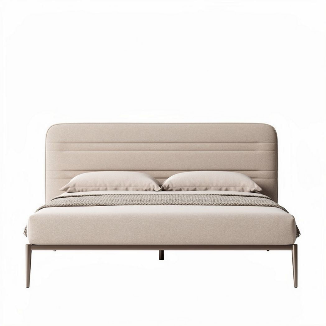 Bed met gestoffeerd hoofdbord in beige stof afmetingen 200 x 160 x 100cm